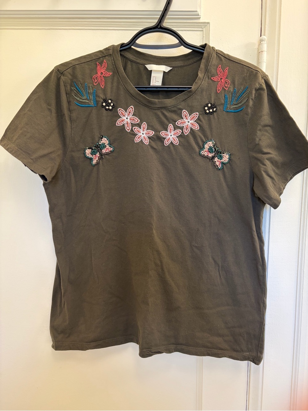 H&M Olive Green Short Sleeve Tee with Pink Floral Embroidery